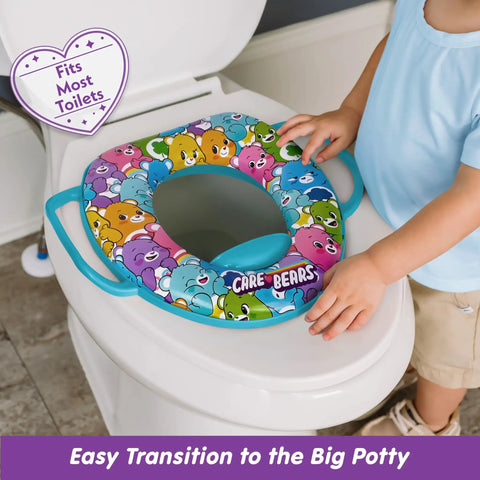 Chill Comfy Toddler Potty Training Seat With Ultra Thick Cushion And Non Slip Toilet Pad Featuring Rock Solid Grip Handles Plus Quick Release Storage Hook For No Sweat Potty Routine on a standard toilet.