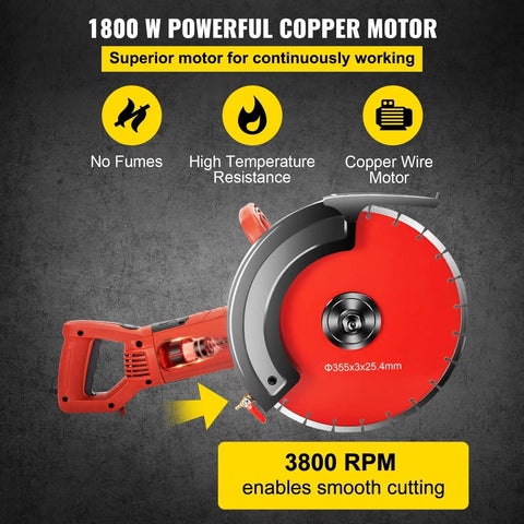 Badass 1800W Electric Concrete Saw Fully Loaded With Killer 14 Inch Diamond Blade Wet Dry Multi Function Circular Saw showing motor specifications.