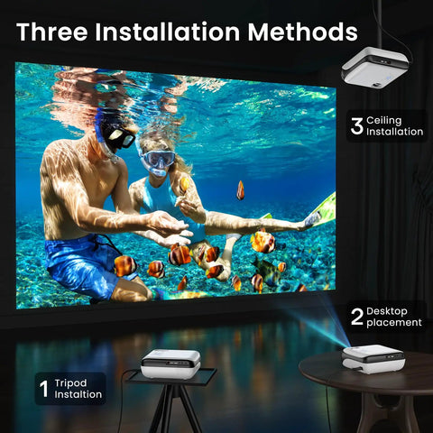 Native 1080P Bluetooth Projector with built-in speaker showing underwater scene on large screen for indoor movie nights