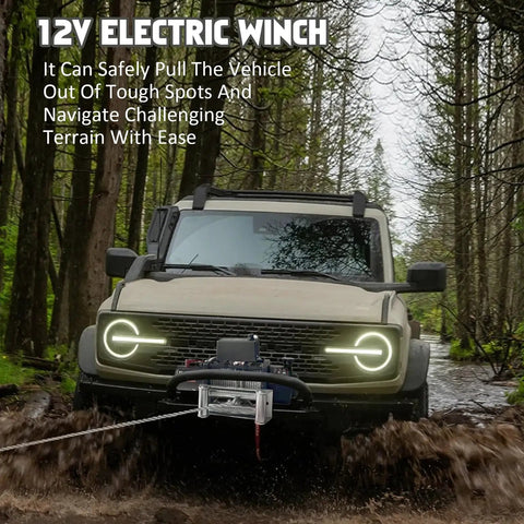 Heavy Duty 18,800 Lb Electric Winch With 78 Ft Steel Wire Rope Powers Up Extreme Off Road Recovery And Factory Loads For Serious Jammers On The Go in muddy terrain.