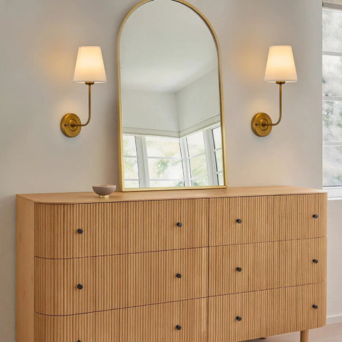 Hardwired Wall Sconce Set Of 2 With Flared White Textile Shade And Curved Arm In Antique Brass Finish for bedroom vanity