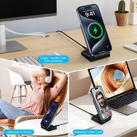 Collage showcasing Must Have All In One Wireless Charging Stand For Fast Charging Phone Dock With 15W 10W And 7.5W Modes