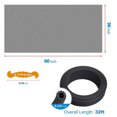 Window Screen Replacement Kit For 36 By 90 Windows And Doors, Durable Polyester Mesh With Retainer Spline, and tool, Black.