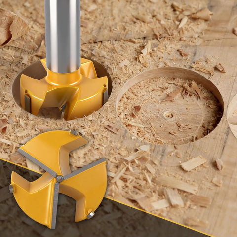 2-1/2 Inch Tungsten Carbide Forstner Bits With Hex Shank in action on hardwood, showcasing splinter-free drilling