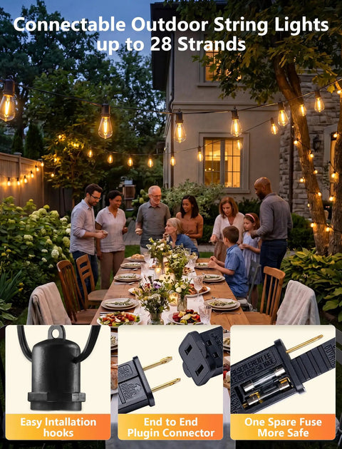 96ft Waterproof Outdoor String Lights With 32 Warm White LEDs, Dimmable, black wire, hanging over a garden dinner setup