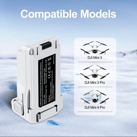Two Pack 3850mAh Intelligent Flight Battery For DJI Mini Drones, Up To 51 Minutes Of Flight Time, LiPo, shown with compatible models.
