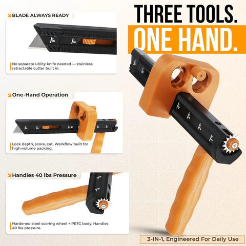 Pro All In One Box Resizer Tool With Adjustable Depth Guide Cardboard Cutter And Scoring Wheel For Quick Ship Ready Box Prep Packaging And Online Seller Needs, 3-in-1 handheld tool
