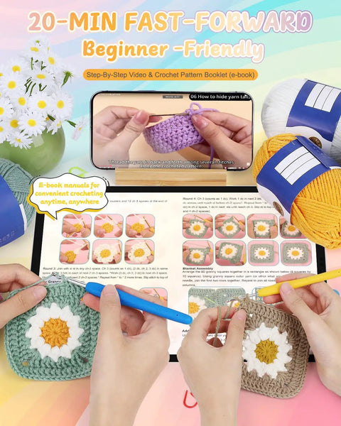 Hands crocheting granny squares with Beginner Crochet Kit With Easy Yarn Pack For A Cozy Granny Square Blanket Step By Step Video Guides Simple Crochet Starter Set For Grab And Go Fun At Home Craft Projects