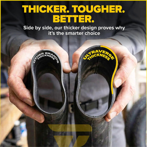 Comparison of two bike inner tubes showing thickness, with hands holding 'Ultraverse Thickness' tube on right.
