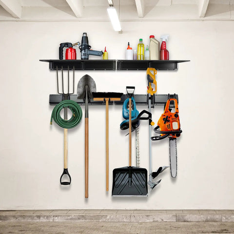 Garage Tool Storage Rack 12 Piece With Wall Shelf And Heavy Duty Hanger System holding tools, equipment on wall.