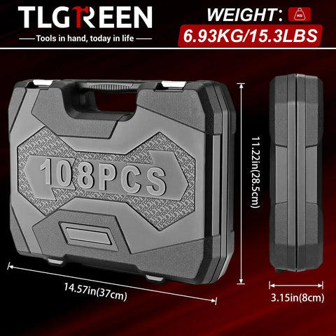 108 Piece Workhorse Mechanic Socket Tool Kit With CR V Steel Sockets black case shown with dimensions