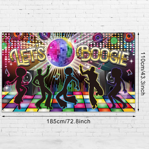 Disco Theme Photo Booth Backdrop Lets Boogie For 60s 70s 80s 90s Parties, colorful silhouette dancers, 72.8 x 43.3 inches