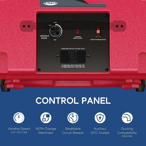 Control panel of Pro Grade Heavy Duty Air Scrubber With 3 Stage Filtration Stackable Negative Air Machine For Industrial And Commercial Use MERV 10 Plus HEPA And Activated Carbon Filters Red Air Cleaner For Odor Smoke Dust And Particles