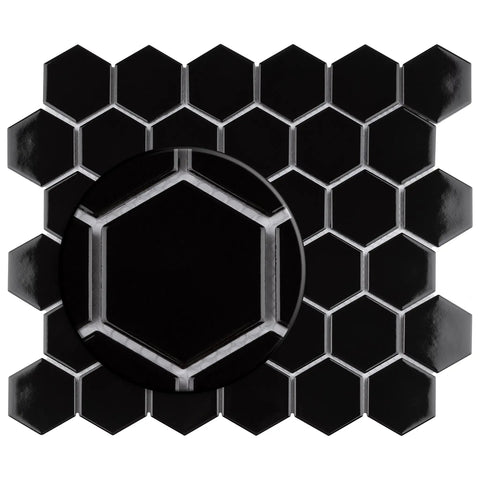 Dope Glossy Black Porcelain Hex Mosaic Tile For Floors And Walls, Mesh-Mounted 2 Inch Pieces, shown up close with high sheen
