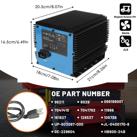 Top Shelf Heavy Duty 24 Volt 25 Amp Automatic Battery Charger For Scissor Lifts, featuring rugged design and dimensions.