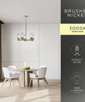 Dining room with Five Head Modern Farmhouse Chandelier LED Silver Light Fixture, brushed nickel finish glowing 3000K warm white