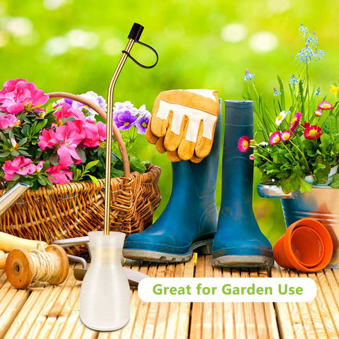 Diatomaceous Earth Bulb Duster With Long Copper Tube Garden Sprayer for organic gardening, shown with garden tools and flowers.