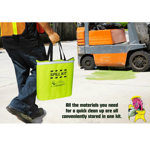 Person carrying Universal 5 Gallon Oil Spill Kit With Absorbent Pads Socks Gloves And Disposal Bags In Bright Yellow Duffle Bag