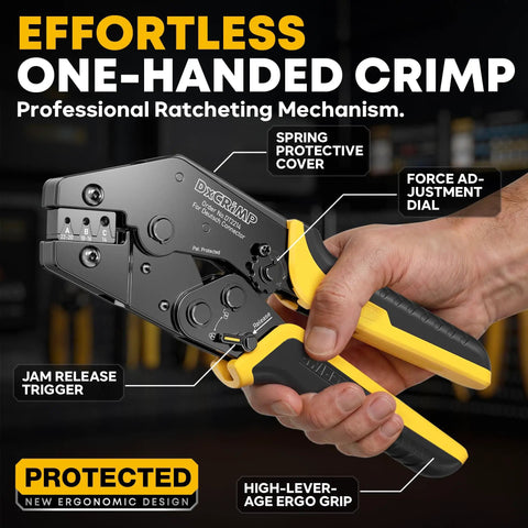 DT Series All In One Connector Crimp Tool Kit showing ratcheting mechanism and ergonomic grip in hands