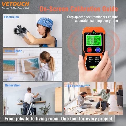 No Sweat 7 In 1 Wall Scanner And Stud Finder with On-Screen Calibration guide for various projects in home decor and renovations.
