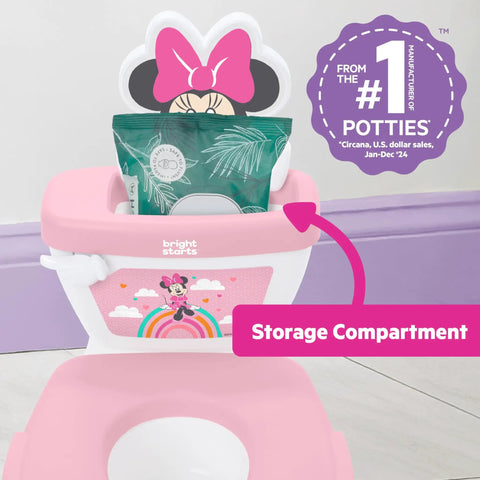 Super Sweet Disney Minnie Mouse Toddler Potty Training Toilet With Real Flush And Cheer Sounds with storage compartment.