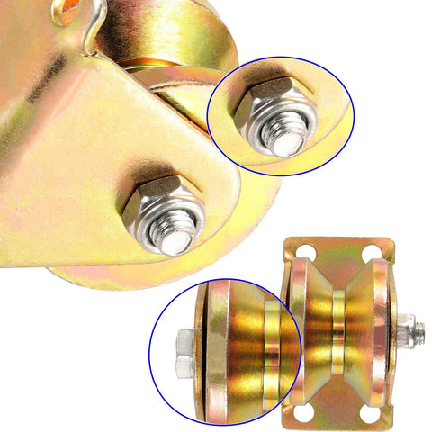 Close-up of heavy duty v groove wheel set for sliding gates with steel roller and bracket