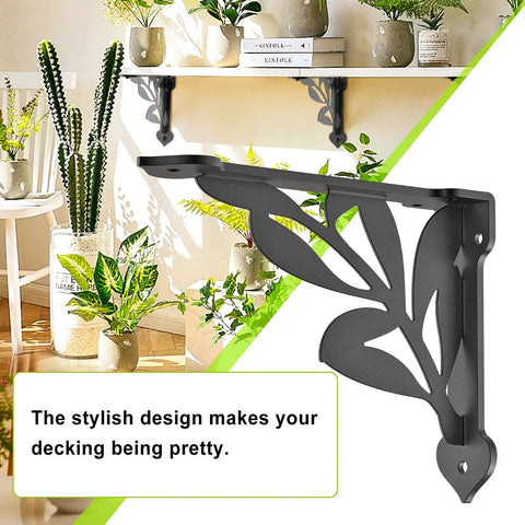 Dang Strong Eight Inch Heavy Duty Shelf Brackets Built Like A Tank Rustic Industrial Wall Mount Brackets With 300 Pound Weight Capacity Double Pack Set on a decorated wall with plants.