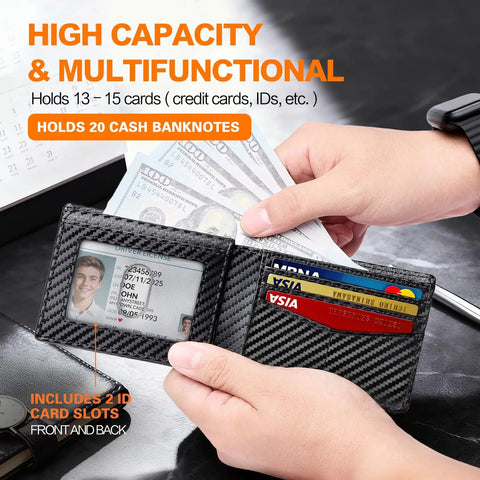 Ultra Slim RFID Blocking Bifold Wallet For Men With Carbon Fiber Look holds 13-15 cards and cash, showing 2 ID windows and card slots.