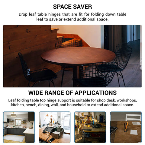 Nailed Down Heavy Duty Drop Leaf Table Hinges And Leaf Hardware Support Bracket With Spring Loaded Flap Top Design For Folding Tables Pack Of 8 Laying folded down on a round wooden table in a cozy dining setting.