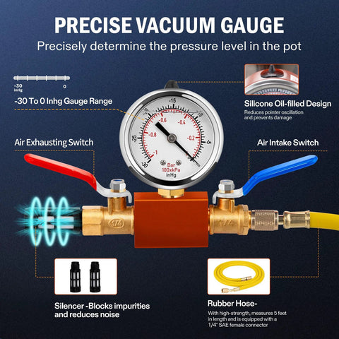 Front view of VTG Vogten 5-Gallon stainless steel vacuum chamber kit with pump, gauge, brass valves, and yellow hose