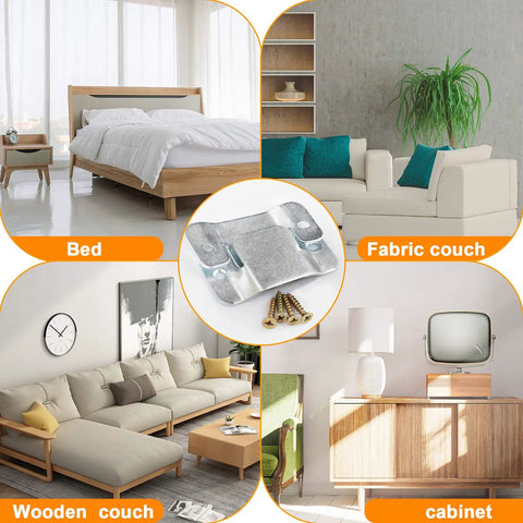 Heavy Duty Sectional Sofa Connector Brackets Keep Your Couch Locked Down Tight, four metal clips with screws on a coffee table.