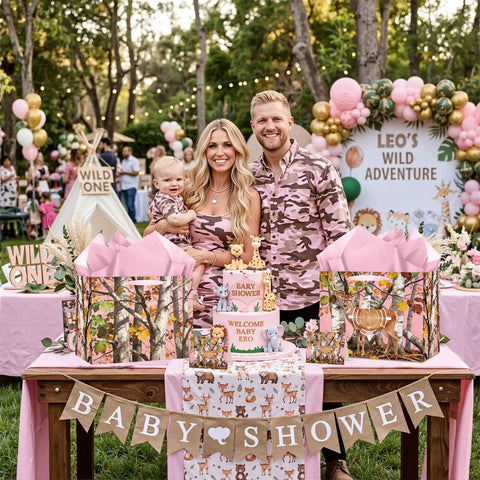 Family at a baby shower with Pink Deer Camo Gift Bag Set With Tissue Paper And Greeting Card Hunter Approved Woodland Themed Birthday.