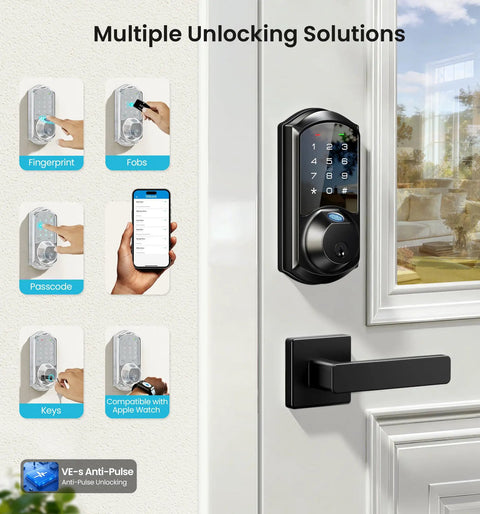 Slick Fingerprint Smart Lock With Heavy Duty Zinc Alloy Handles And Auto Lock App Control Delivering Hassle Free Zero Key Stress Matte Black Finish showing multiple unlocking options.