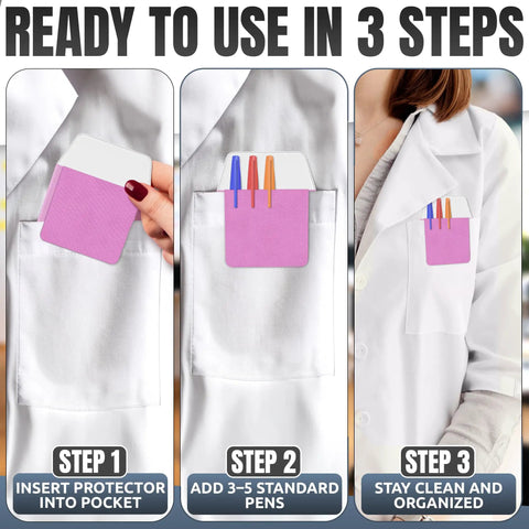 Multi Color Pocket Protectors For Pens And Pencils, Ink Leak Guard For Shirts, Lab Coats, And Pants, Compact 3.2 By 6.1 Inch Pen Organizer shown in use on lab coat.