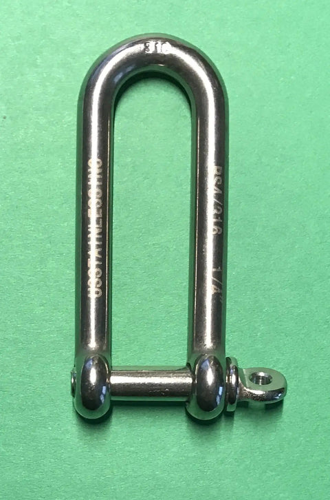 316 Stainless Long D Shackle One Quarter Inch Marine Grade Dee, Corrosion Resistant, heavy duty tie down tool on green background