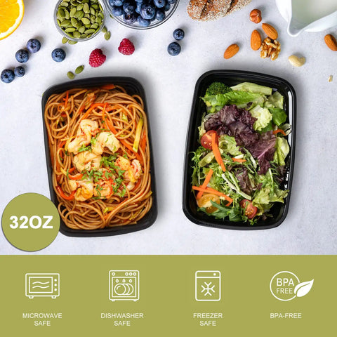 Two 32oz meal prep containers with shrimp pasta and salad, surrounded by berries and nuts, 15 Pack 32oz Meal Prep Containers Set With Leakproof Lids