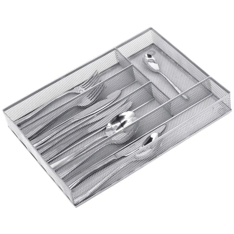 Five Compartment Mesh Silverware Drawer Organizer With Non Slip Foam Feet filled with cutlery, stackable design for kitchen storage