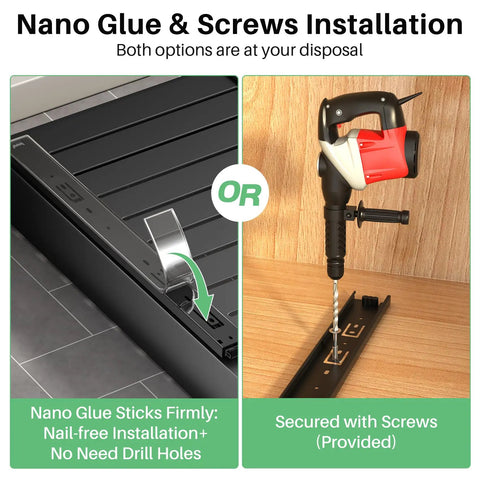 Installation options for Knockout Heavy Duty Pull Out Cabinet Organizer; nano glue or screws for ease of setup.