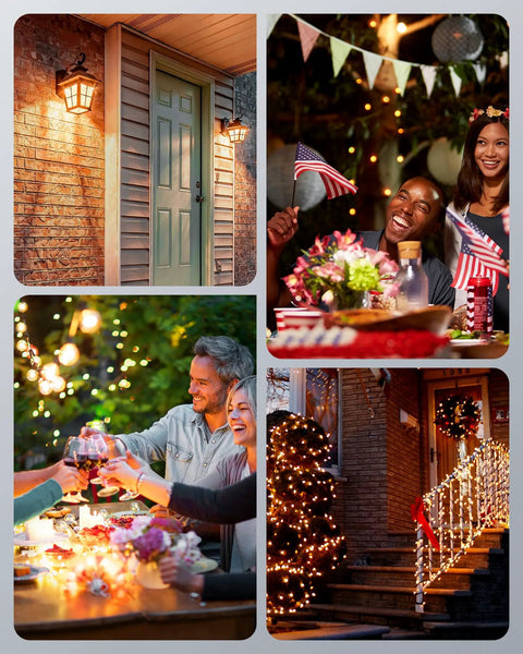 Collage of outdoor celebrations and decorations using Outdoor Wireless Remote Control Outlet Power Strip Weatherproof Expandable Indoor Outdoor No Hassle Plug In Light Switch 15A 100 Ft Range 7 Inch Extension Cord ETL Listed.