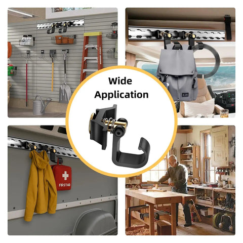 2 Pack L Track Hooks With Single Stud Fitting Spring Loaded Adjustable Gear Hook 100 Lbs Max Load Heavy Duty Tie Down Accessories For Trailers And Garages Black Gold in use for hanging tools, backpacks, and garments in various environments.