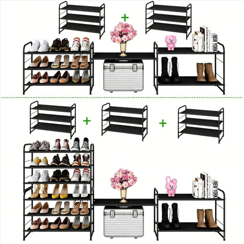 Spiffy Three Tier Stackable Shoe Rack Expandable Adjustable Fabric Shoe Organizer With Extra Bottom Shelf showcasing multiple angles and styles.