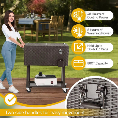 Portable Patio Cooler Bar Cart 80QT Rolling Beverage Station with Storage Shelf, lockable wheels, bottle opener, dark gray brown, 96 can capacity.