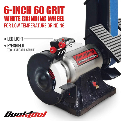 6-inch 60 grit white grinding wheel on Combo 2x42 Inch Belt Sander and 6 Inch Bench Grinder Knife Sharpener with Large Work Table.