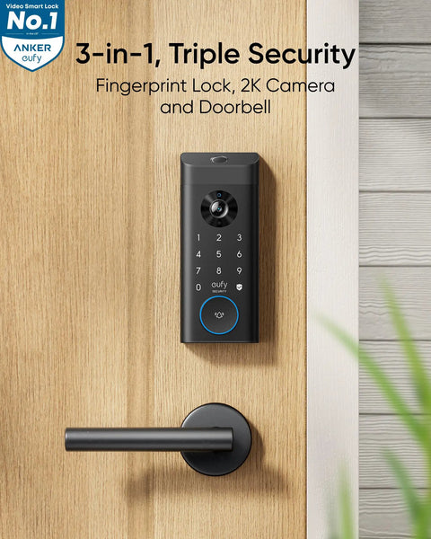 Slick Video Smart Lock Equipped With 2K HD Camera And Lightning Fast Fingerprint Scanner For Effortless Keyless Entry Door Lock mounted on a wooden door.