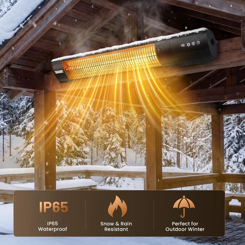 Electric Patio Heater With Remote Control 1500W Outdoor Infrared Wall Mounted emitting infrared heat under snowy wooden patio