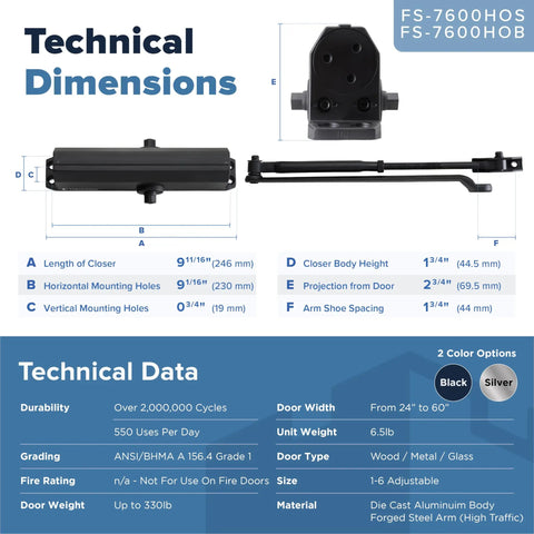 Diagram showing FS-7600 HOB Commercial Door Closer with technical dimensions and specifications. Black finish, ADA compliant.