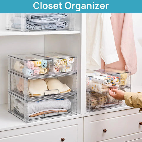 Clear Stackable Acrylic Storage Drawers 3 Pack Wide Organizer Bins organizing folded clothes in a closet.