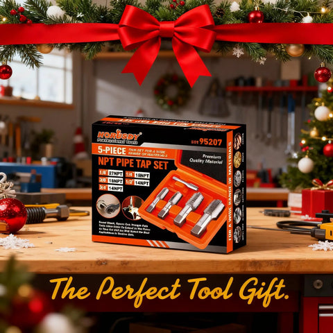 5-Piece NPT Pipe Tap Set With Heavy-Duty Storage Case Pro-Grade Carbon Steel Threading Tools on a wooden workbench