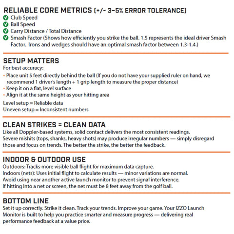 Instructions and metrics for Swami Launch Master Pro Golf Launch Monitor with Doppler radar for swing and ball data collection.