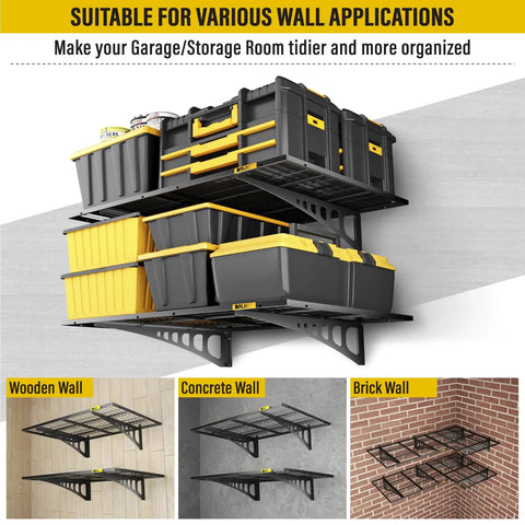 2x3ft Adjustable Rail Wall Mounted Garage Storage Shelf Set For Tool Room And Storage Areas With Heavy Duty Steel Frame Adjustable Slide Rail Design Two Pack Black Keeps Tools Neatly Organized installed on various walls with storage bins